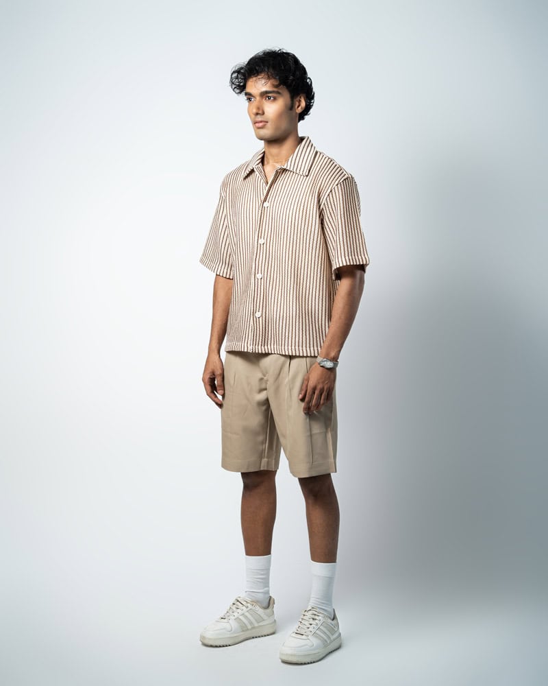 Crochet Shirt in Beige with Brown Stripes - Image 6