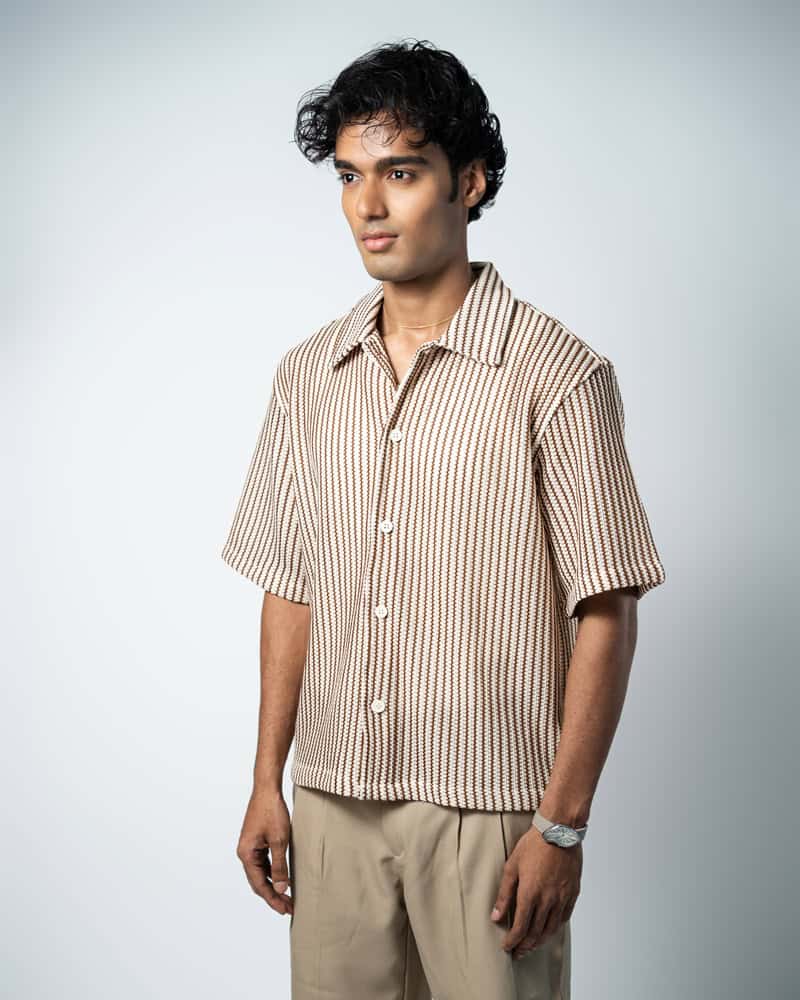 Crochet Shirt in Beige with Brown Stripes - Image 10