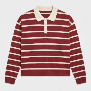 Unisex Horizontal Striped Knit Polo in Maroon