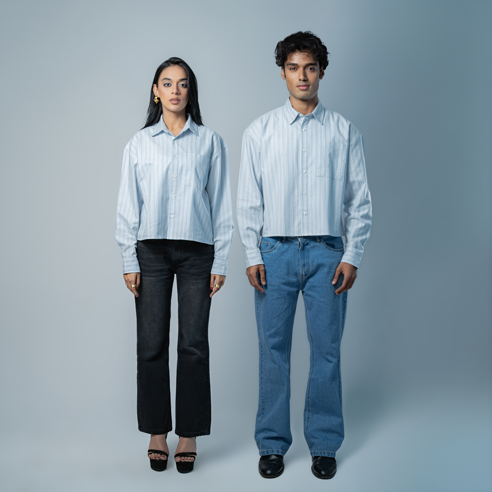 Unisex Oversized Cropped Shirt in White & Sky Blue - Image 2
