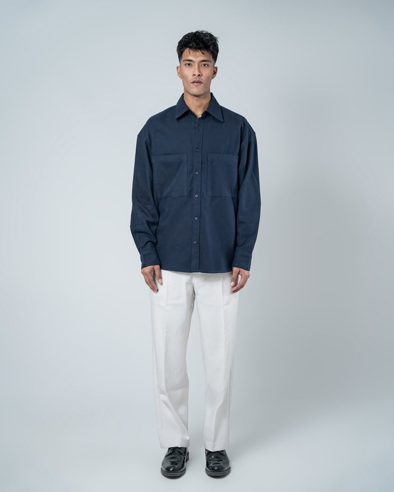 Unisex Long Sleeve Oversized Shirt in Navy - Image 3