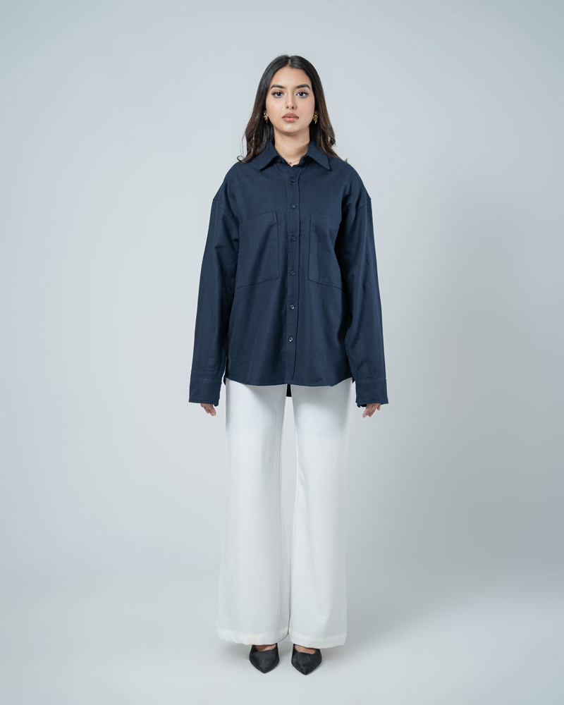 Unisex Long Sleeve Oversized Shirt in Navy - Image 4