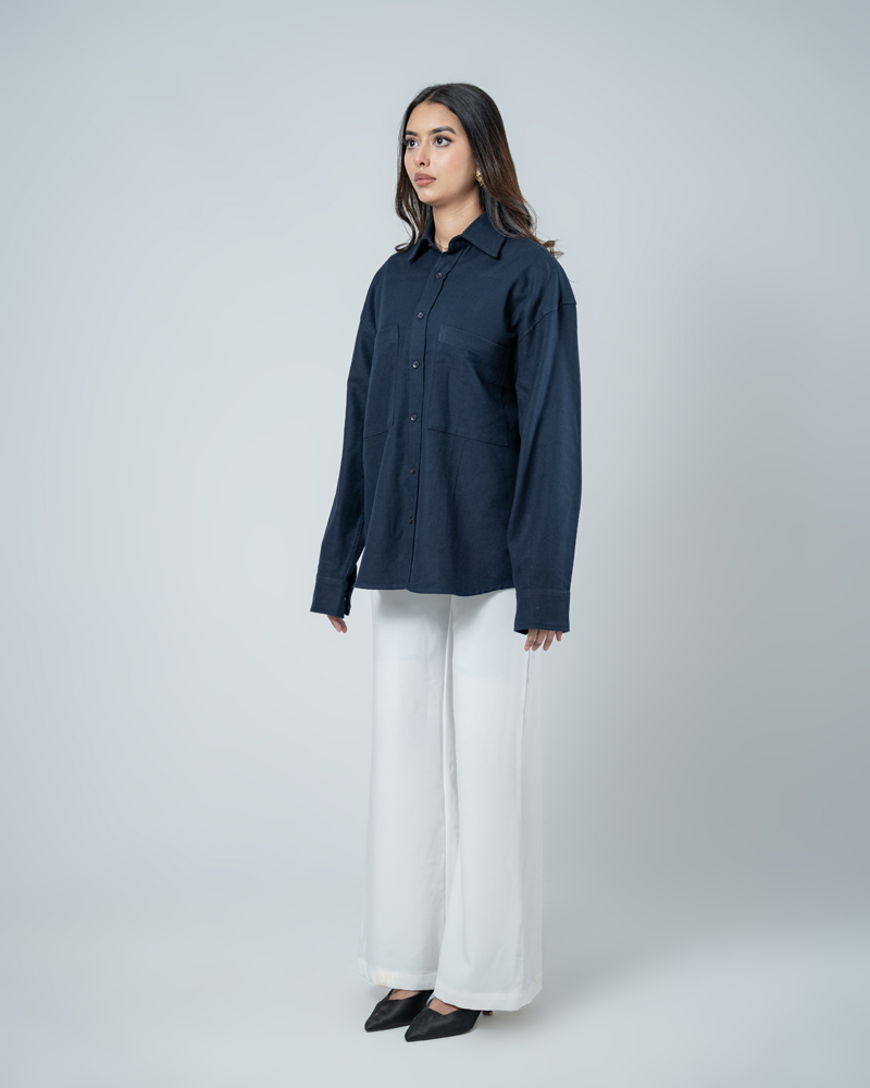 Unisex Long Sleeve Oversized Shirt in Navy - Image 6