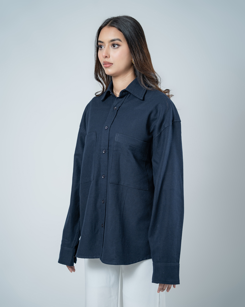 Unisex Long Sleeve Oversized Shirt in Navy - Image 11