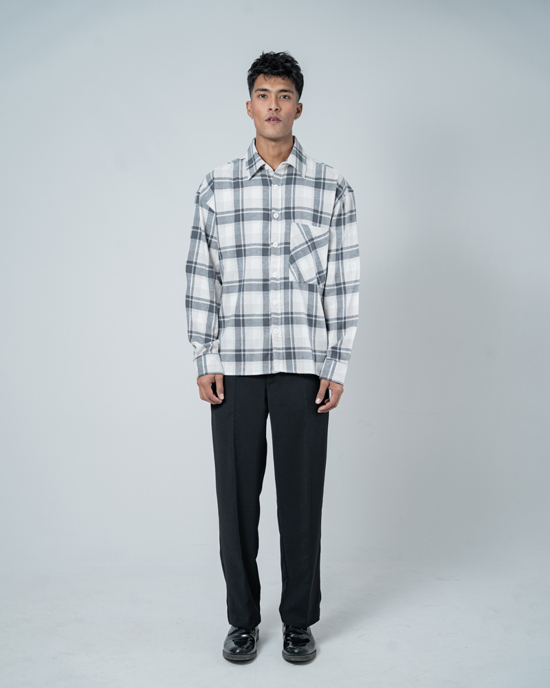 Unisex Long Sleeve Oversized Flannel Shirt in Cream - Image 3