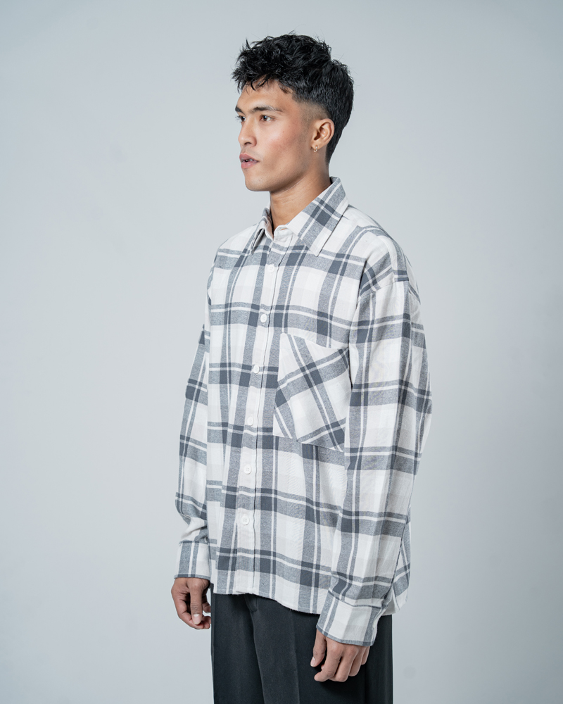Unisex Long Sleeve Oversized Flannel Shirt in Cream - Image 9