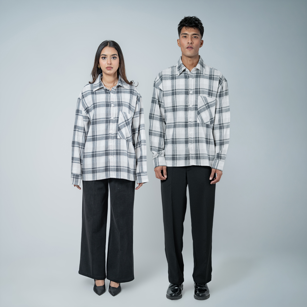 Unisex Long Sleeve Oversized Flannel Shirt in Cream - Image 2
