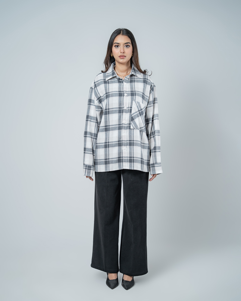 Unisex Long Sleeve Oversized Flannel Shirt in Cream - Image 4