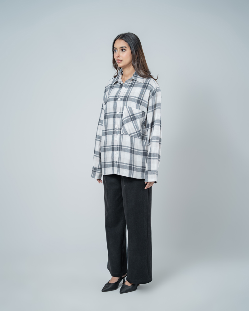Unisex Long Sleeve Oversized Flannel Shirt in Cream - Image 6