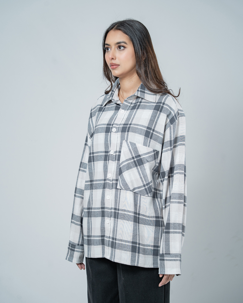 Unisex Long Sleeve Oversized Flannel Shirt in Cream - Image 11