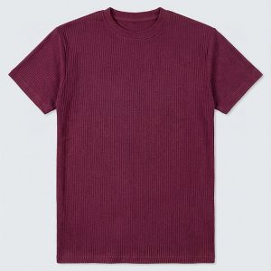 Premium Soft Textured Crewneck T-shirt in Maroon with Thin Stripes