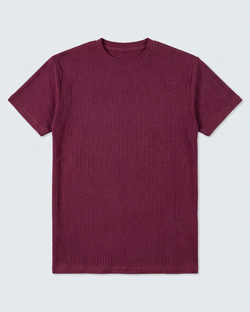 Premium Soft Textured Crewneck T-shirt in Maroon with Thin Stripes