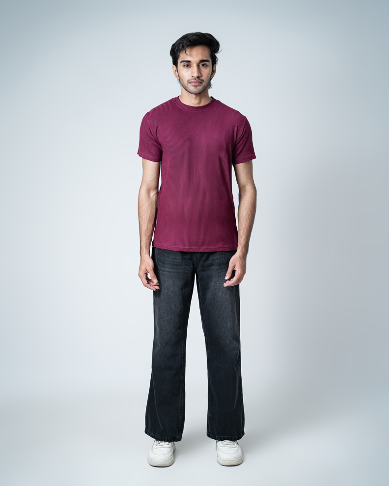 Premium Soft Textured Crewneck T-shirt in Maroon with Thin Stripes - Image 3