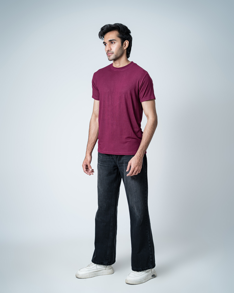 Premium Soft Textured Crewneck T-shirt in Maroon with Thin Stripes - Image 6