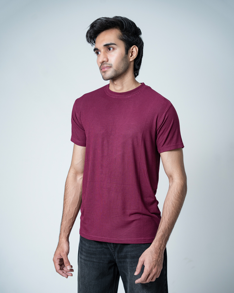 Premium Soft Textured Crewneck T-shirt in Maroon with Thin Stripes - Image 9