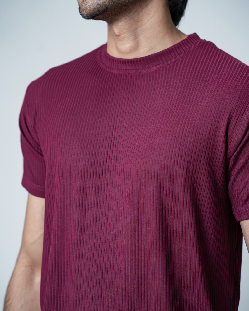 Premium Soft Textured Crewneck T-shirt in Maroon with Thin Stripes - Image 11