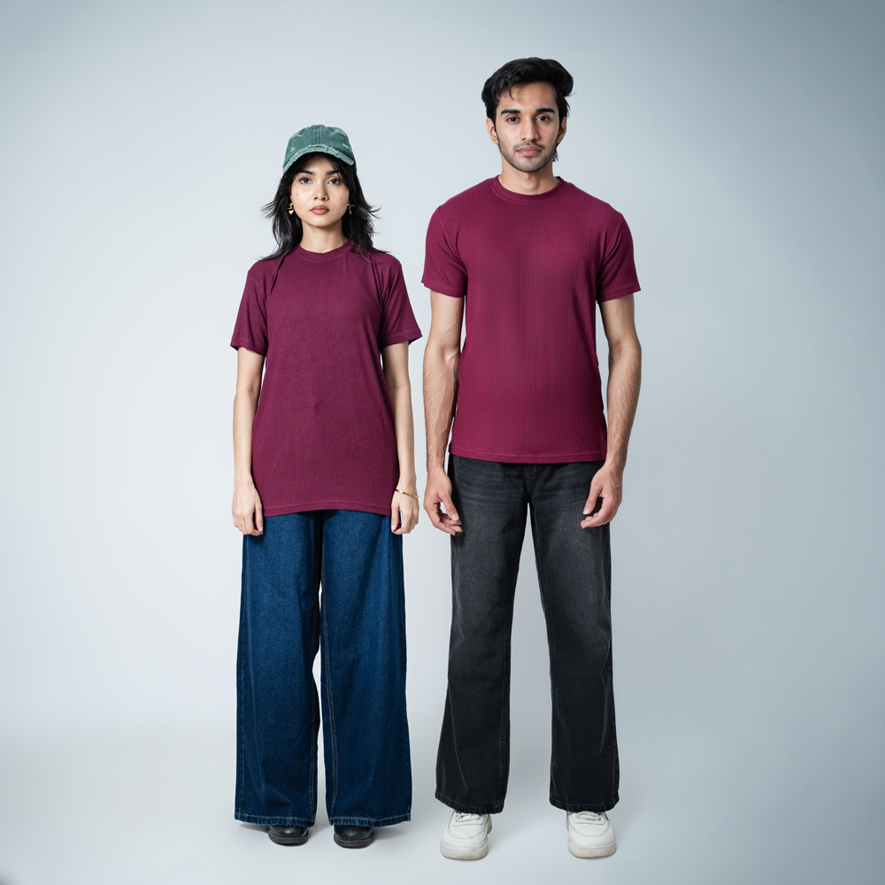 Premium Soft Textured Crewneck T-shirt in Maroon with Thin Stripes - Image 2