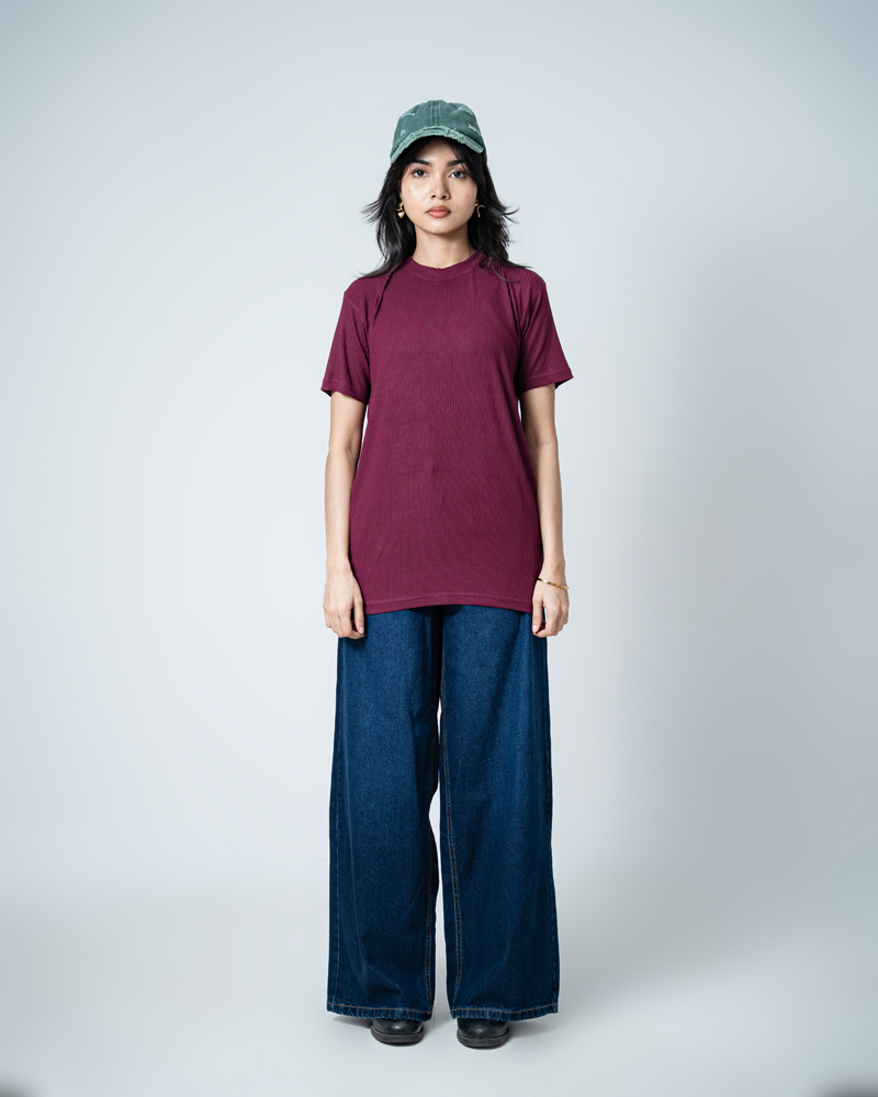 Premium Soft Textured Crewneck T-shirt in Maroon with Thin Stripes - Image 4