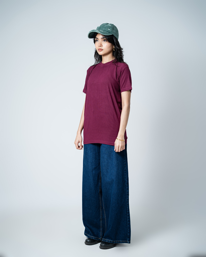 Premium Soft Textured Crewneck T-shirt in Maroon with Thin Stripes - Image 5