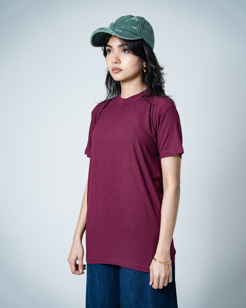 Premium Soft Textured Crewneck T-shirt in Maroon with Thin Stripes - Image 10