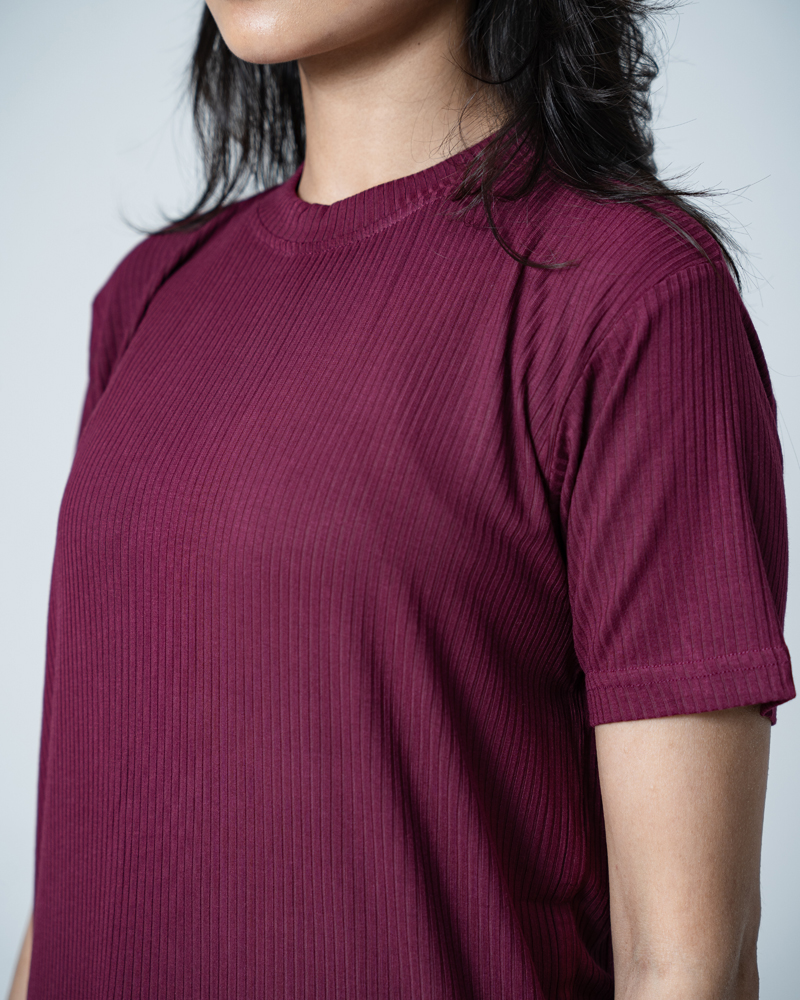 Premium Soft Textured Crewneck T-shirt in Maroon with Thin Stripes - Image 12