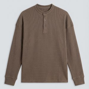 Unisex Henley Full Sleeve Waffle Textured T-shirt in Brown