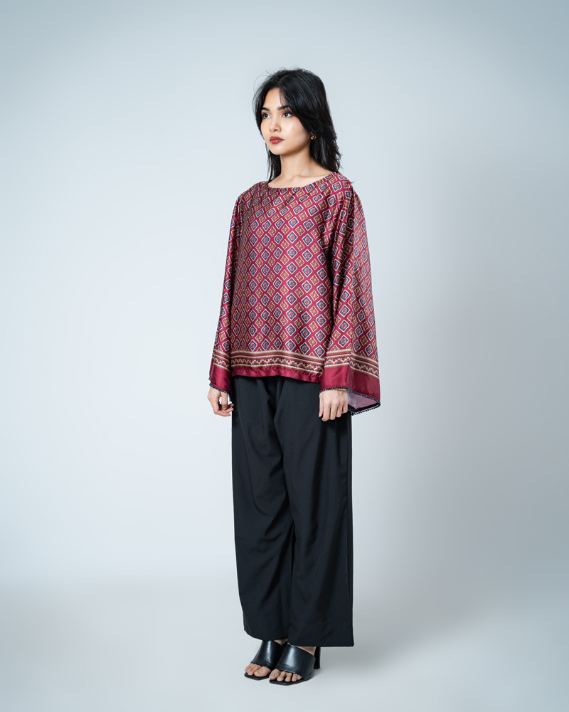 Printed Ethnic Top in Maroon - Image 3