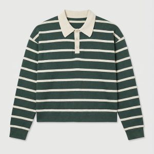 Unisex Horizontal Striped Knit Polo in Forest Green