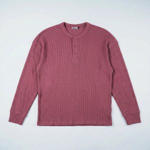 Unisex Henley Full Sleeve Waffle Textured T-shirt in Dark Mauve