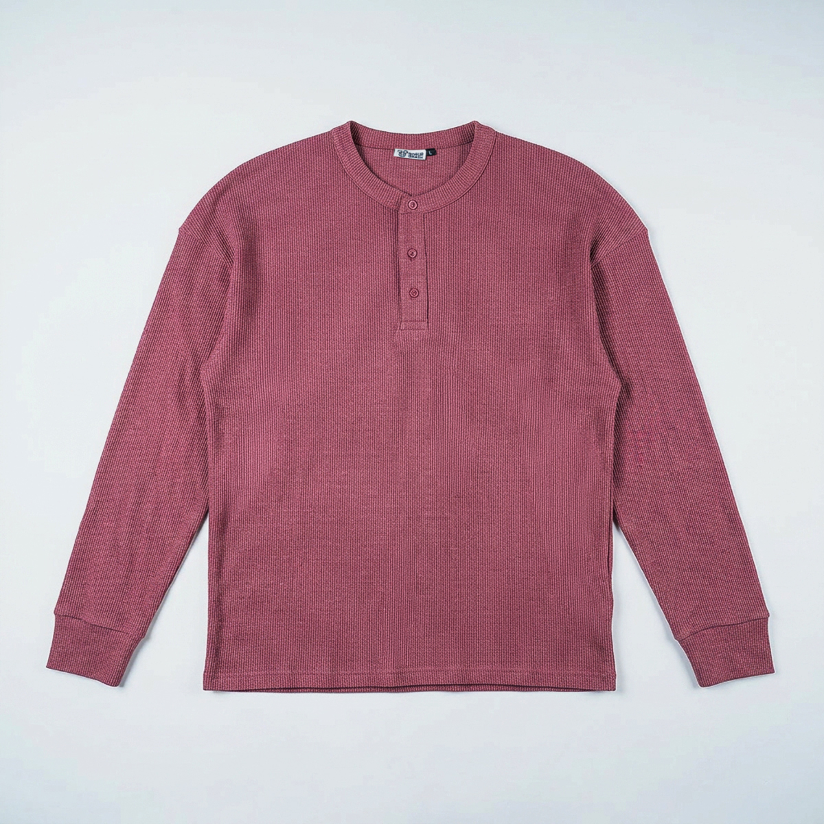 Unisex Henley Full Sleeve Waffle Textured T-shirt in Dark Mauve