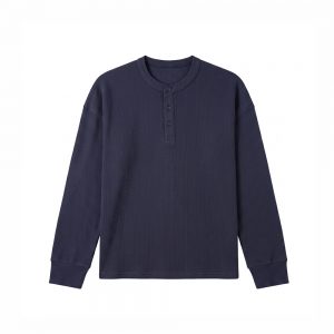 Unisex Henley Full Sleeve Waffle Textured T-shirt in Navy Blue