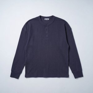 Unisex Henley Full Sleeve Waffle Textured T-shirt in Navy Blue