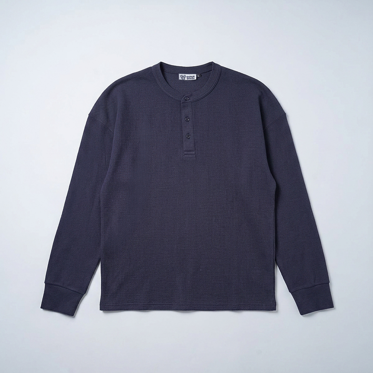 Unisex Henley Full Sleeve Waffle Textured T-shirt in Navy Blue