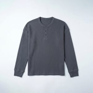 Unisex Henley Full Sleeve Waffle Textured T-shirt in Ash