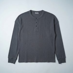 Unisex Henley Full Sleeve Waffle Textured T-shirt in Ash