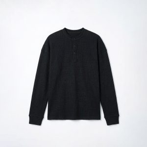 Unisex Henley Full Sleeve Waffle Textured T-shirt in Black