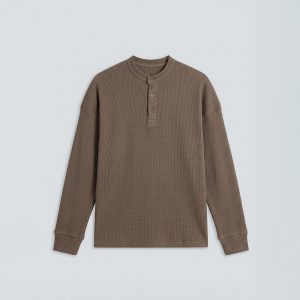 Unisex Henley Full Sleeve Waffle Textured T-shirt in Brown