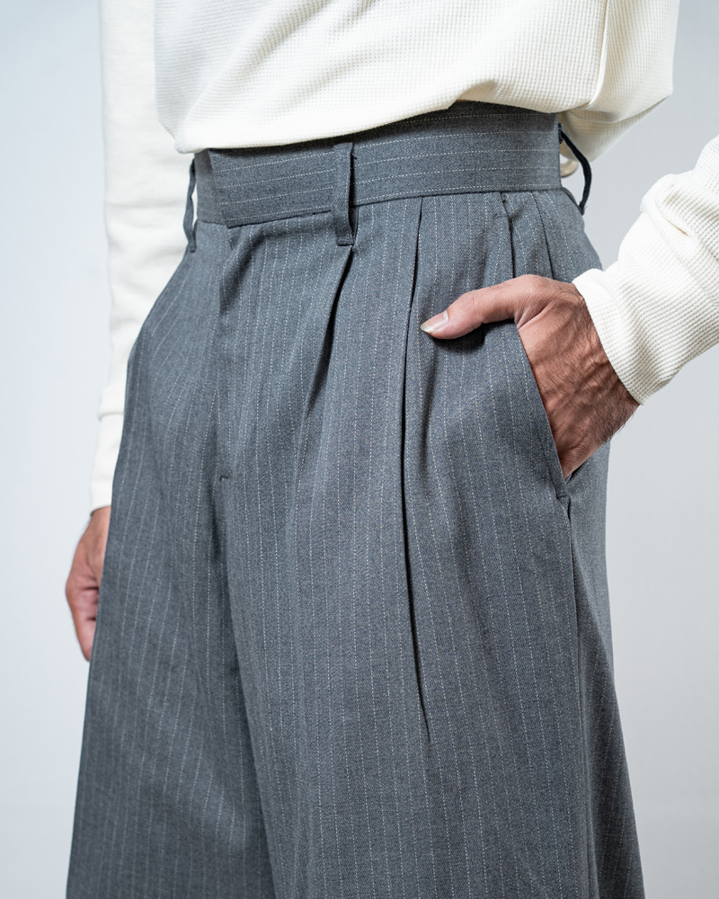Men's Pinstripe High Waisted Relaxed Pants in Grey - Image 2