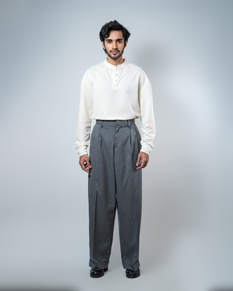 Men's Pinstripe High Waisted Relaxed Pants in Grey - Image 3