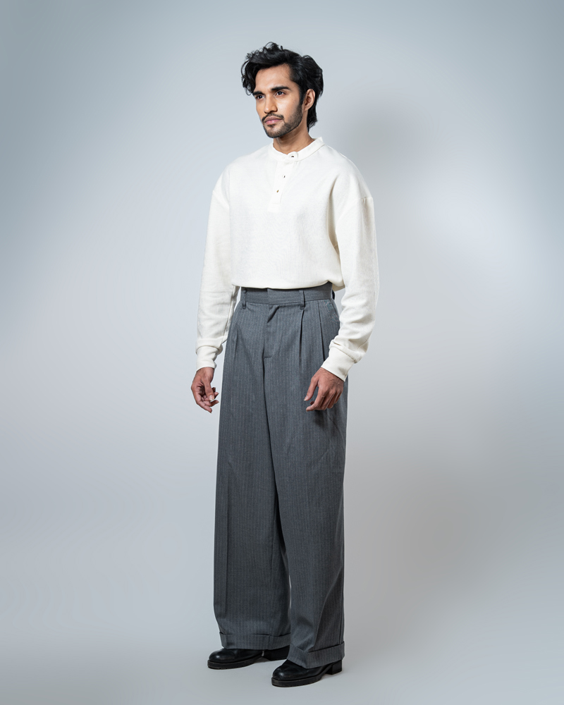 Men's Pinstripe High Waisted Relaxed Pants in Grey - Image 4