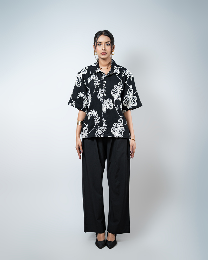 Half Sleeve Embroidered Boxy Shirt in Black - Image 6