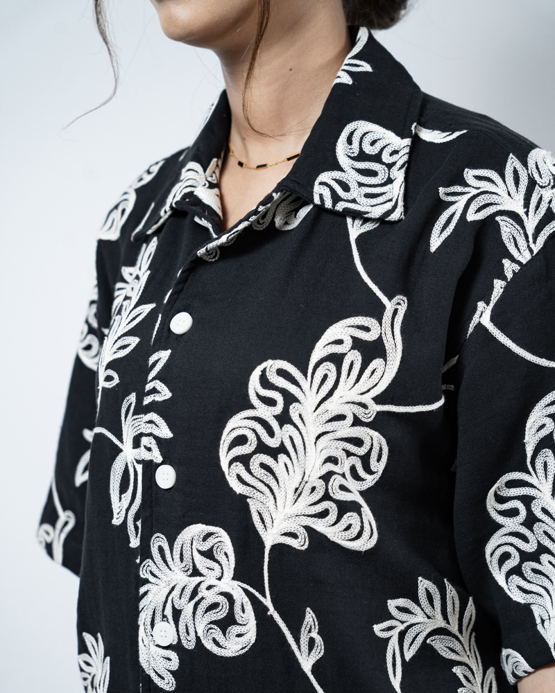 Half Sleeve Embroidered Boxy Shirt in Black - Image 5
