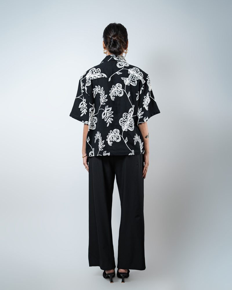 Half Sleeve Embroidered Boxy Shirt in Black - Image 7