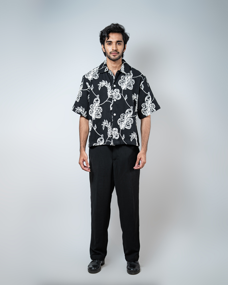 Half Sleeve Embroidered Boxy Shirt in Black - Image 3
