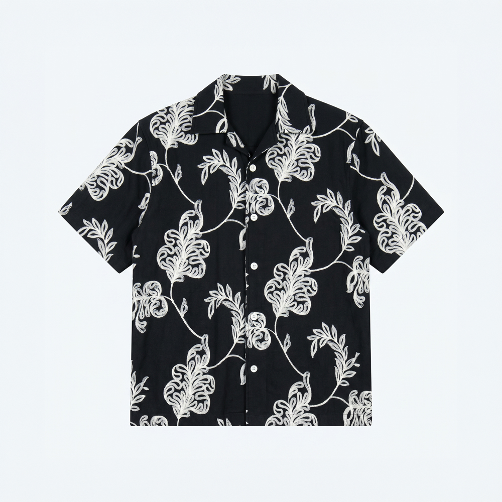 Half Sleeve Embroidered Boxy Shirt in Black