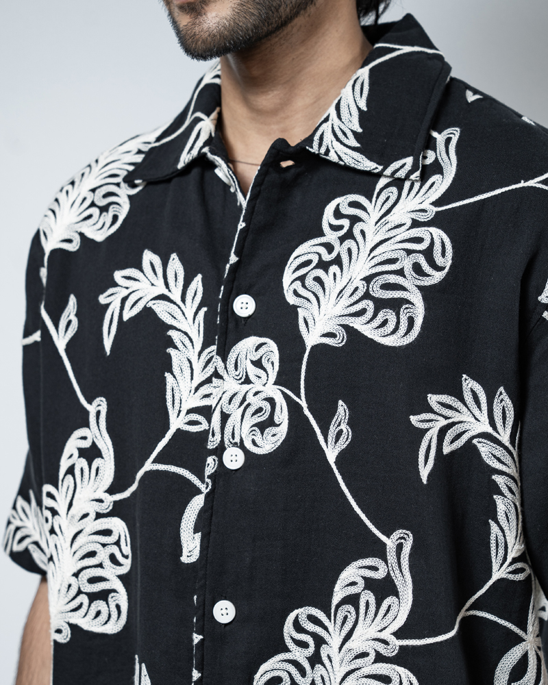 Half Sleeve Embroidered Boxy Shirt in Black - Image 2