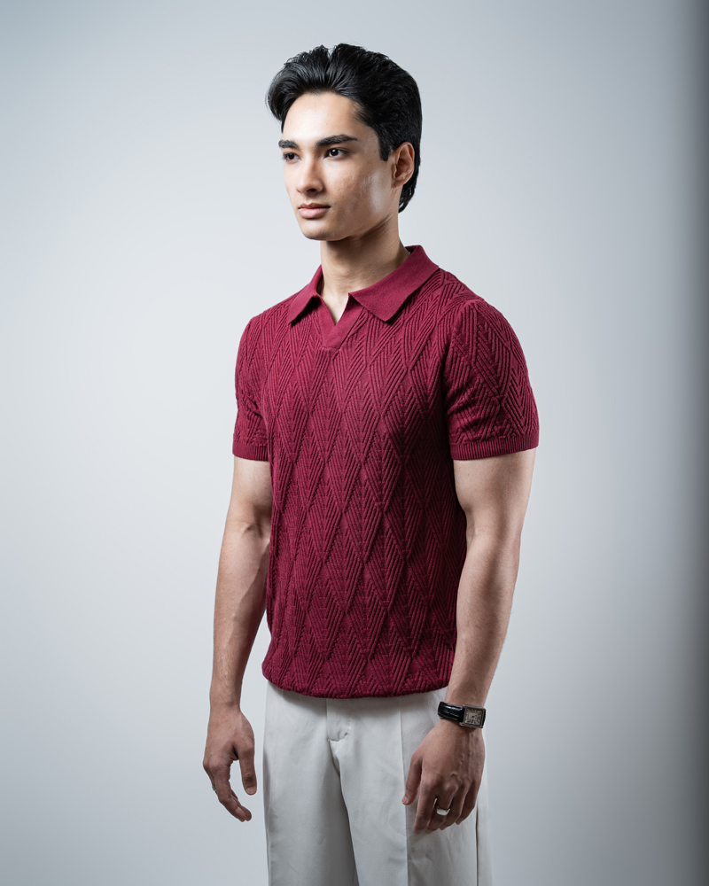 Diamond Knit Polo in Maroon - Image 5