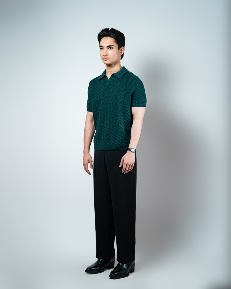 Zigzag Knit Polo in Green - Image 3