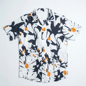 Unisex Cuban Collar Printed Shirt in White